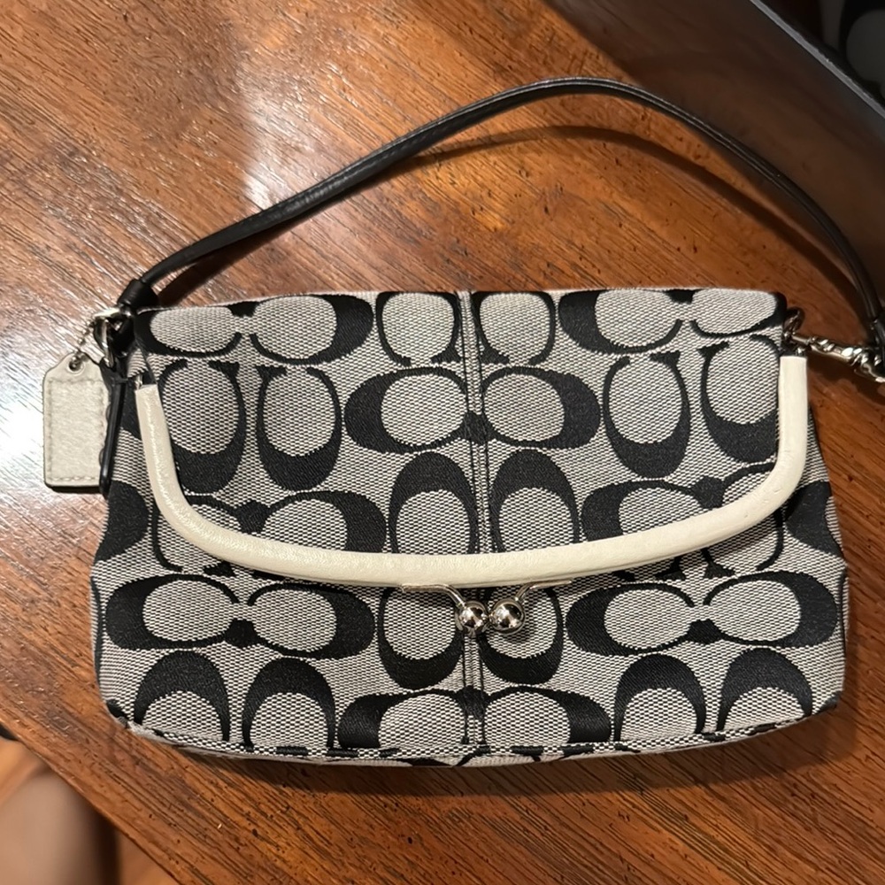 Coach Black and White Signature Shoulder Bag with Leather Trim